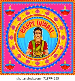 Vector design of Happy Diwali India festival greeting background in Indian truck kitsch art style