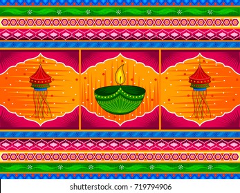 Vector design of Happy Diwali India festival greeting background in Indian truck kitsch art style