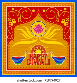 Vector design of Happy Diwali India festival greeting background in Indian truck kitsch art style