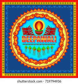 Vector design of Happy Diwali India festival greeting background in Indian truck kitsch art style