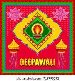 Vector design of Happy Diwali India festival greeting background in Indian truck kitsch art style