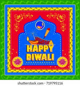 Vector design of Happy Diwali India festival greeting background in Indian truck kitsch art style