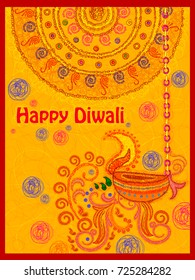 Vector design of Happy Diwali India festival greeting background in Indian scribble art style