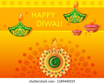 Vector design of Happy Diwali traditional festival of India greeting background with colorful diya