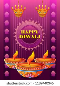 Vector design of Happy Diwali traditional festival of India greeting background with colorful diya