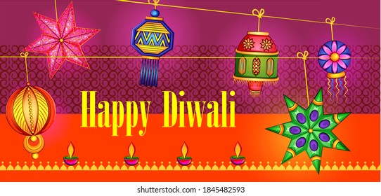 Vector design of Happy Diwali traditional light festival of India holiday greeting background with colorful diya