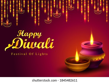 Vector design of Happy Diwali traditional light festival of India holiday greeting background with colorful diya