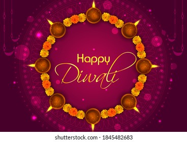 Vector design of Happy Diwali traditional light festival of India holiday greeting background with colorful diya