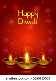Vector design of Happy Diwali traditional light festival of India holiday greeting background with colorful diya