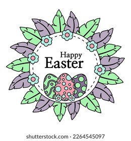 Vector design of Happy Easter. Illustration with Easter eggs, flowers, feathers on a light background. Postcard, square template, suitable for posting on social networks
