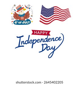 Projeto vetorial do texto "Feliz Dia da Independência" com a bandeira dos EUA acenando. Perfeito para bandeiras e cartões de comemoração de 4 de julho.