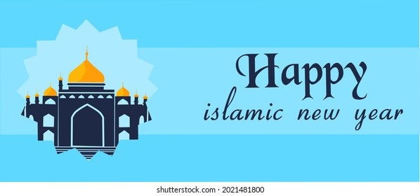 vector design happy islamic new year, happy hijri new year, design with blue color concept, with mosque illustration and text, for banners, posters and stickers