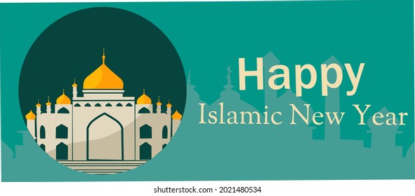 Vektordesign glücklich Neujahr islam, glücklich neues Jahr Hijri, Design mit grünem Farbkonzept, mit Moschee-Illustration und Text, für Banner, Plakate und Aufkleber
