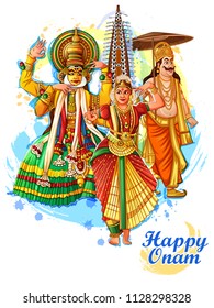 Vector design of Happy Onam festival background of Kerala in Indian art style