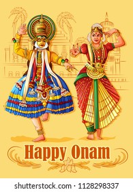 Vector design of Happy Onam festival background of Kerala in Indian art style