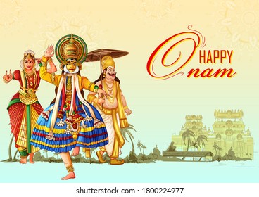 Vector design of Happy Onam festival background of Kerala South India in Indian art style