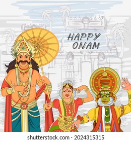 Vector design of Happy Onam festival background of Kerala South India in Indian art style