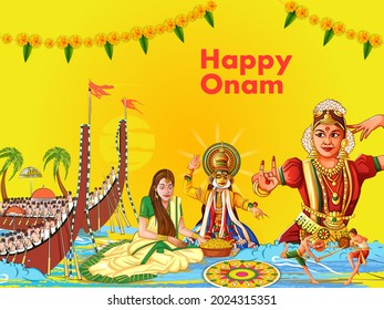 Vector design of Happy Onam festival background of Kerala South India in Indian art style