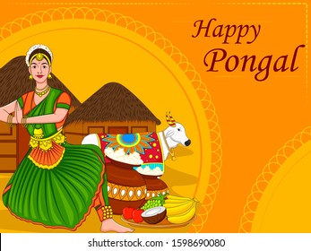 Vector design of Happy Pongal religious traditional festival of Tamil Nadu India celebration background