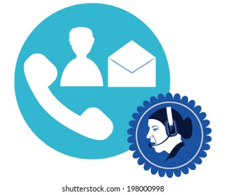 Vector design of happy smiling cheerful call center customer support phone operator in headset with label of contact icons, phone and envelope. 