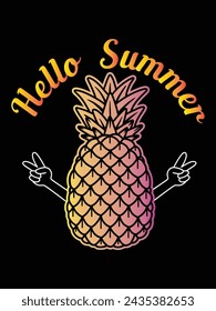 Vector Design of Happy Summer Day Cartoon Pineapple with Peace Hand Gesture Saying ‘Hello Summer’ Decoration Wallpaper Advertisement, Sticker, T-shirt