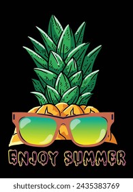 Vector Design of Happy Summer Day Cartoon Pineapple Wearing Glasses with ‘Enjoy Summer’ Decoration Wallpaper Advertisement, Sticker, T-shirt