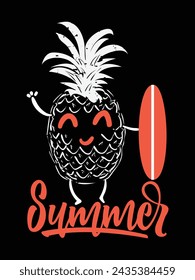 Diseño vectorial de Feliz Día de Verano Dibujos Animados Piña Sosteniendo una Tabla de Surf Decoración de Verano Fondo de Pantalla Publicidad, Pegatina, Camiseta