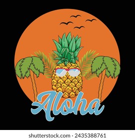 Vector Design of Happy Summer Day Cartoon Pineapple Wearing Glasses with Coconut Tree Sunset Decoration Summer Time Aloha Wallpaper Advertisement, Sticker, T-shirt