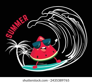 Vector Design of Happy Summer Day Cartoon Watermelon Wearing Glasses Surfing Summer Time Decoration Wallpaper Advertisement, Sticker, T-shirt