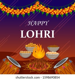 Vector design of harvest festival of Punjab, India Happy Lohri holiday background