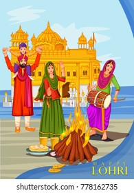 Vector design of harvest festival of Punjab, India Happy Lohri holiday background