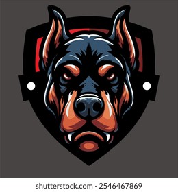 a vector design of the head of a doberman, in front of a red shield. Can be used for business logos, kennel or other businesses.