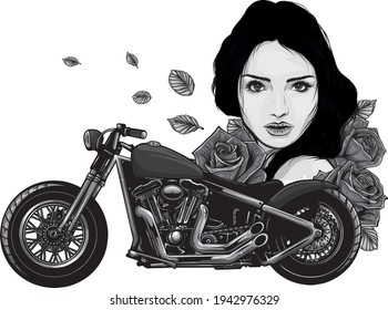 vector design of head girl with roses and motorcycle