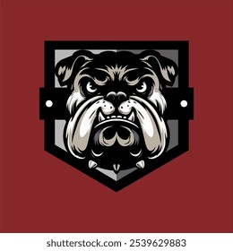 um desenho vetorial da cabeça de um Bulldog de Prata, em frente de um escudo cinza. Pode ser usado para logotipos de empresas, canil ou outras empresas.