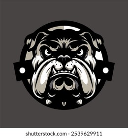 um desenho vetorial da cabeça de um Bulldog de Prata, em frente de um círculo escudo cinza. Pode ser usado para logotipos de empresas, canil ou outras empresas.