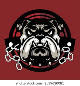 a vector design of the head of a Silver Bulldog, in front of a red circle shield and chain. Can be used for business logos, kennel or other businesses.