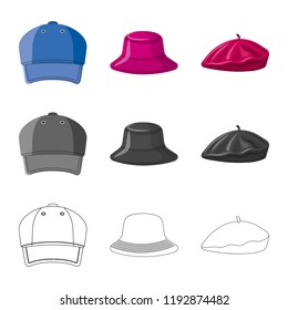 Vector design of headgear and cap icon. Collection of headgear and accessory stock vector illustration.