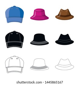 Vector design of headgear and cap icon. Collection of headgear and accessory stock vector illustration.