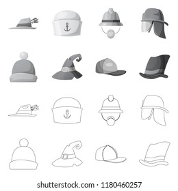 Vector design of headgear and cap logo. Collection of headgear and accessory stock vector illustration.
