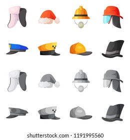 Vector design of headgear and cap logo. Set of headgear and accessory vector icon for stock.