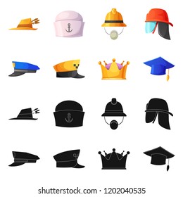Vector design of headgear and cap logo. Collection of headgear and accessory stock vector illustration.