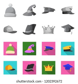 Vector design of headgear and cap logo. Set of headgear and accessory stock vector illustration.