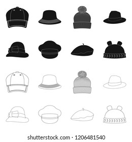 Vector design of headgear and cap logo. Collection of headgear and accessory stock vector illustration.