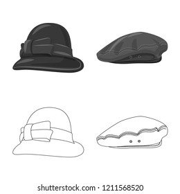 Vector design of headgear and cap logo. Collection of headgear and accessory stock vector illustration.