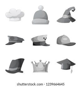 Vector design of headgear and cap logo. Set of headgear and accessory stock symbol for web.