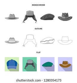 Vector design of headgear and cap logo. Set of headgear and accessory stock vector illustration.