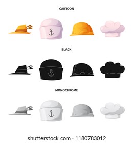Vector design of headgear and cap sign. Collection of headgear and accessory vector icon for stock.