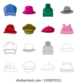 Vector design of headgear and cap sign. Collection of headgear and accessory stock vector illustration.