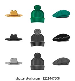 Vector design of headgear and cap sign. Collection of headgear and accessory stock symbol for web.