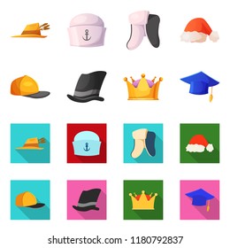 Vector design of headgear and cap symbol. Collection of headgear and accessory stock symbol for web.